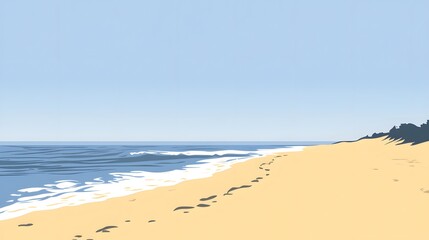 Peaceful Beach Scene,  Ocean Waves Footprints Sand