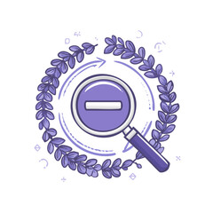 Magnifying glass with minus symbol wreath in lavender color reduction concept isolated on black background minimal illustration decreasing trend