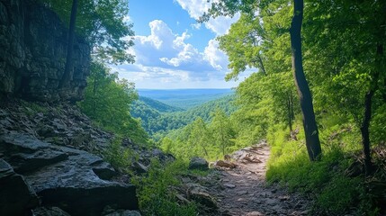 Fototapeta premium A scenic view of a trail through forested mountains and skies
