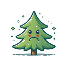 Fototapeta premium Sad Evergreen Tree Cartoon Character with Face Depicting Unhappiness and Disappointment Around Stars Graphic