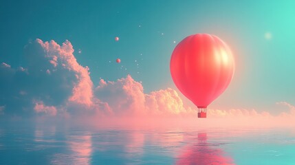Fototapeta premium Red hot air balloon floats above tranquil water and clouds