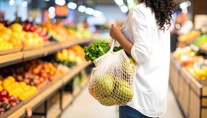 Woman shopping for fresh groceries in a supermarket with ecofriendly reusable bag.