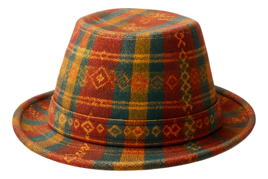 Vibrantly patterned fedora hat featuring geometric designs in orange, teal, and yellow hues on transparent background.