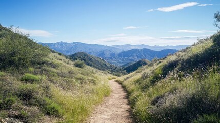 Naklejka premium A dirt path winds through mountains on a sunny day
