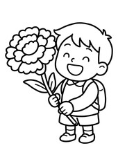 Parents’ Day Coloring Page – Outline Drawing of Smiling Kindergarten Boy Holding a Carnation Flower for Mom and Dad, Cute Preschool Child Printable Line Art for Kids