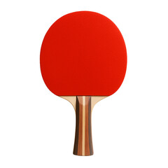 A close-up of a table tennis paddle with red rubber and a wooden handle, isolated on a white background, highlighting its design and craftsmanship. Perfect for sports equipment and ping pong-related c