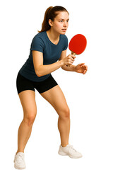 A young woman dressed in a blue athletic T-shirt and black shorts is preparing for a game of table tennis. She stands in an athletic stance, holding a red paddle with focus and determination