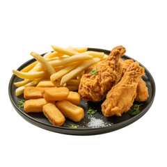 Delicious fried chicken drumsticks with fries and potato bites served on a black plate
