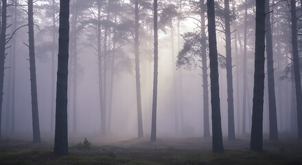 Fototapeta premium Misty Forest: A tranquil forest scene enveloped in a soft, ethereal mist, with towering trees silhouetted against the muted light, creating a sense of mystery and serenity.