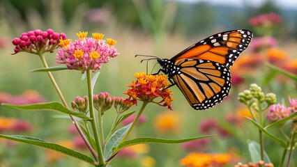 Fototapeta premium A beautiful monarch butterfly with vibrant orange and black wings sips nectar from a colorful garden flower, showcasing the insect's delicate beauty in nature