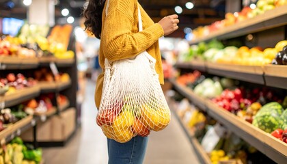 Woman shopping organic fruits  vegetables with ecofriendly reusable bag at supermarket.