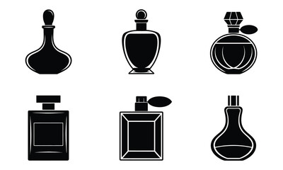 Six black silhouette perfume bottle icons