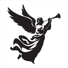 Angel Blowing Trumpet Silhouette Vector Icon in Black and White
