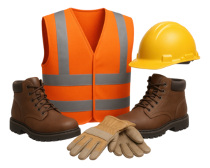 Construction safety equipment including an orange reflective vest, yellow hard hat, brown work boots, and protective gloves on transparent background.