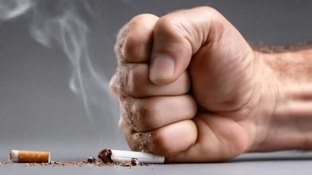 Man crushing a cigarette butt with a fist. Quitting bad habit concept. Addiction, healthy lifestyle and stop smoking footage.