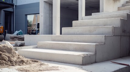 Modern concrete staircase under construction at a building site.
