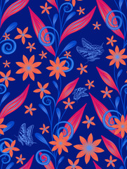 Seamless Tropical Floral Pattern with Butterflies on Blue Background