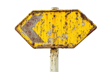 Rusty yellow direction sign arrow on white background on transparent background