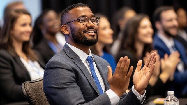 Business conference presenter clapping energetically, showing support for participants dynamic during professional speaking event - Powered by Adobe