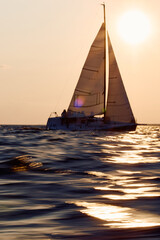 Sailing regatta in the Gulf of Finland at sunset, sailing yacht competing in a race, splashing...