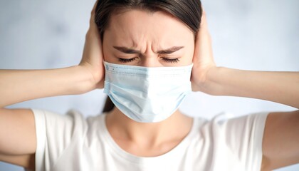 Woman wearing a face mask covers ears with noise pollution, health, and feeling stressed.