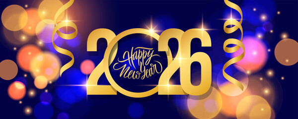 2026 Happy New Year celebration banner. Gold ribbons and bright blurred bokeh lights. Vector illustration.
