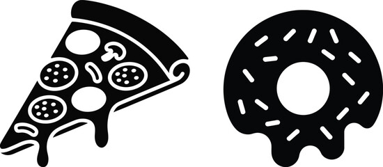 Pizza slice and donut with dripping glaze black and white illustration