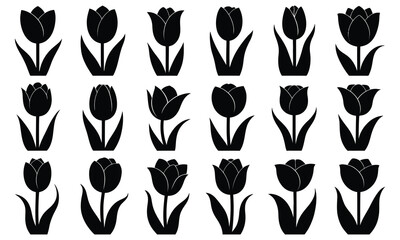 Eighteen black silhouette tulip flower icons