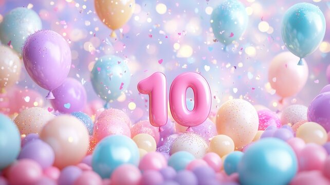 drifting Pastel balloons celebratory with sparkling heart shaped glitter, marking 3d milestone through whimsical festive charm