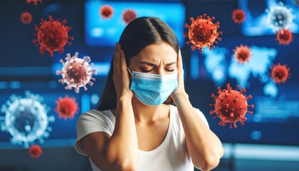 Woman wearing mask covers ears overwhelmed by virus illustration Concept of fear  illness.