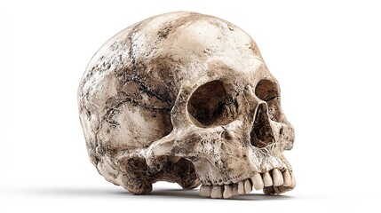 Photorealistic 3D medical rendering of isolated human skull with realistic bone texture and anatomical accuracy on a clean white background