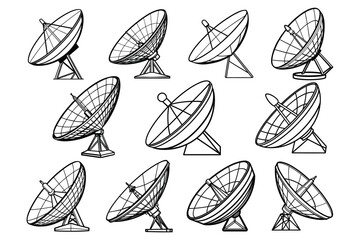  Set of satellite dish line art line art vector illustration on white background.