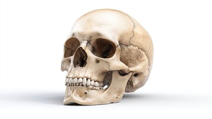 Photorealistic 3D medical rendering of isolated human skull with realistic bone texture and anatomical accuracy on a clean white background