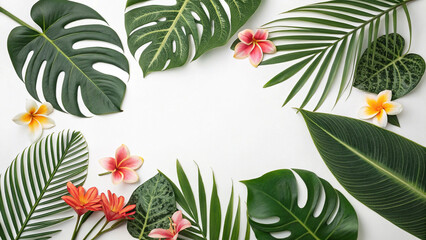 Fototapeta premium A lush, green tropical floral border with leaves and red berries creates a festive holiday frame