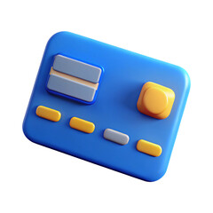 3d rendered illustration of a blue credit card with yellow and gray accents on transparent background.
