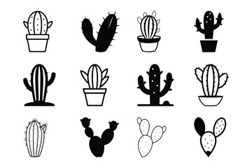 Fototapeta premium Set of beautiful cactus, opuntia cactus in pot icon vector illustration on white background.