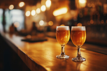 Two Golden Beers On Bar With Bokeh Lights