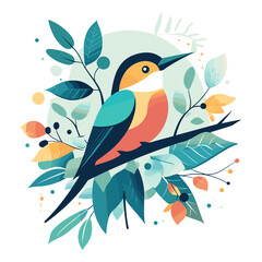 Obraz premium Colorful bird perched on branch surrounded by leaves and flowers 
