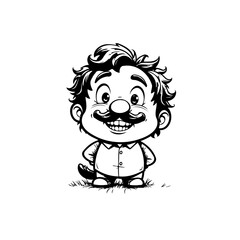 Charming black and white cartoon character with mustache and playful expression