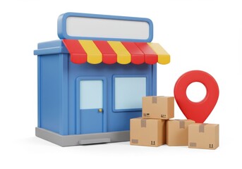 Obraz premium A miniature storefront with boxes and location pin in a cartoon rendering