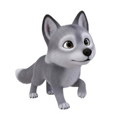 Obraz premium Charming Cartoon Wolf Cub Strolling on a Dark Background with Wide Eyes