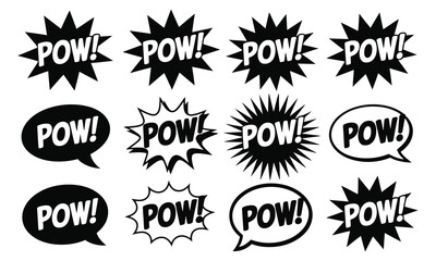 Twelve black and white pow comic book speech bubbles