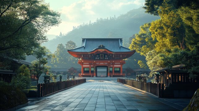 Tranquil Japanese temple gateway, morning mist