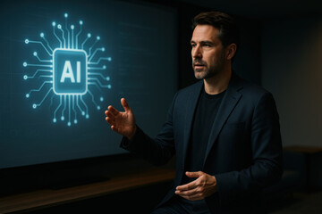 Professional man presents AI concept in modern conference room, showcasing technology and innovation. His expression conveys confidence and engagement