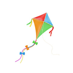 Colorful Diamond-Shaped Kite with Ribbons and Bows Flying Against White Background