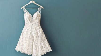 A short, white lace wedding dress hangs on a simple wooden hanger against a teal wall, showcasing intricate detailing and a V-neckline.  The background