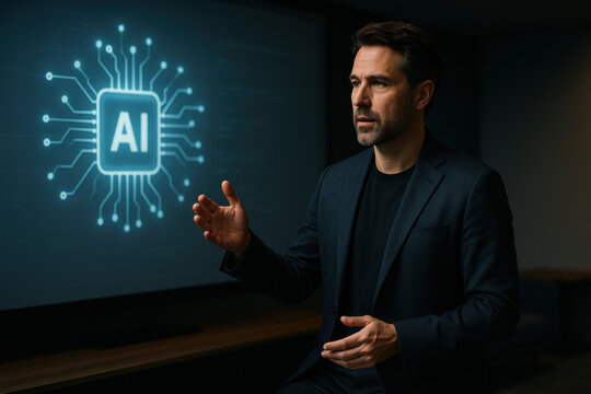 Professional man presents AI concept in modern conference room, showcasing technology and innovation. His expression conveys confidence and engagement