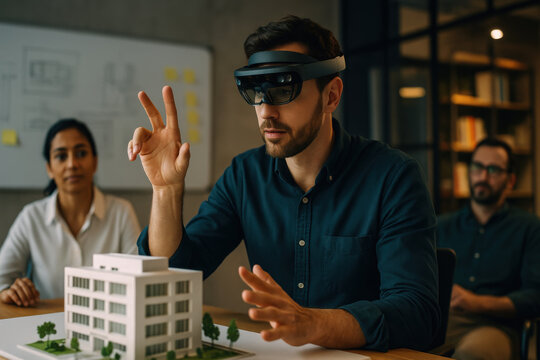 Man is using augmented reality glasses to interact with 3D model of building modern office setting. He gestures with his hands while two colleagues observe, showcasing collaboration and innovation