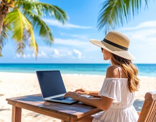 A young woman working remotely from a tropical beach resort, laptop on a wooden table, sunny weather, clear blue sky, palm trees, relaxed and productive vibe, high quality, editorial-free background
