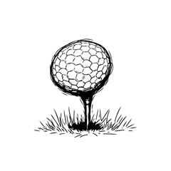 Hand-drawn golf ball on tee with grass, sketched sports equipment illustration